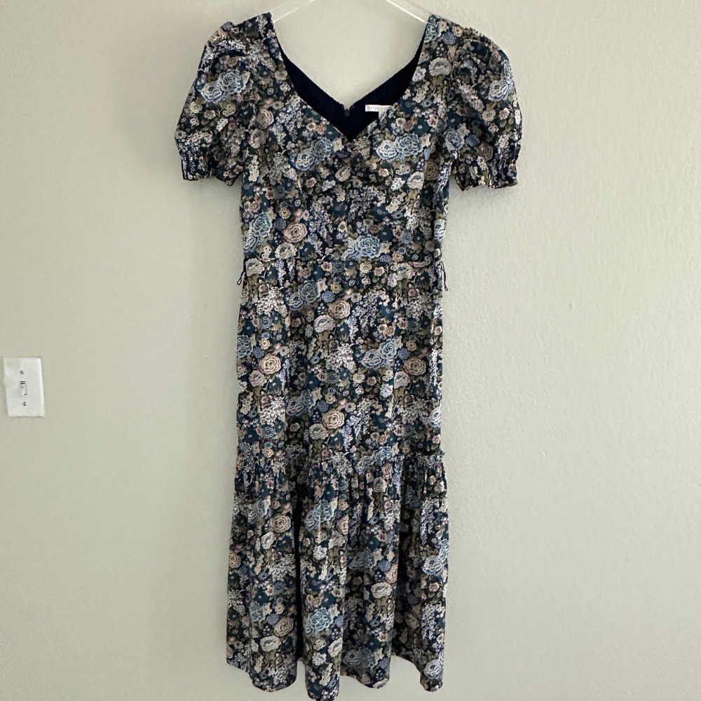 Antonio Melani Floral Midi Dress Womens 8 Multicolor Puff Sleeve Tiered V-Neck